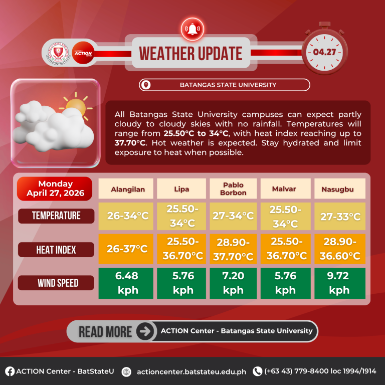 𝐖𝐞𝐚𝐭𝐡𝐞𝐫 𝐔𝐩𝐝𝐚𝐭𝐞 𝐟𝐨𝐫 𝐁𝐚𝐭𝐚𝐧𝐠𝐚𝐬 𝐒𝐭𝐚𝐭𝐞 𝐔𝐧𝐢𝐯𝐞𝐫𝐬𝐢𝐭𝐲 – 𝐓𝐍𝐄𝐔 (April 27, 2026)