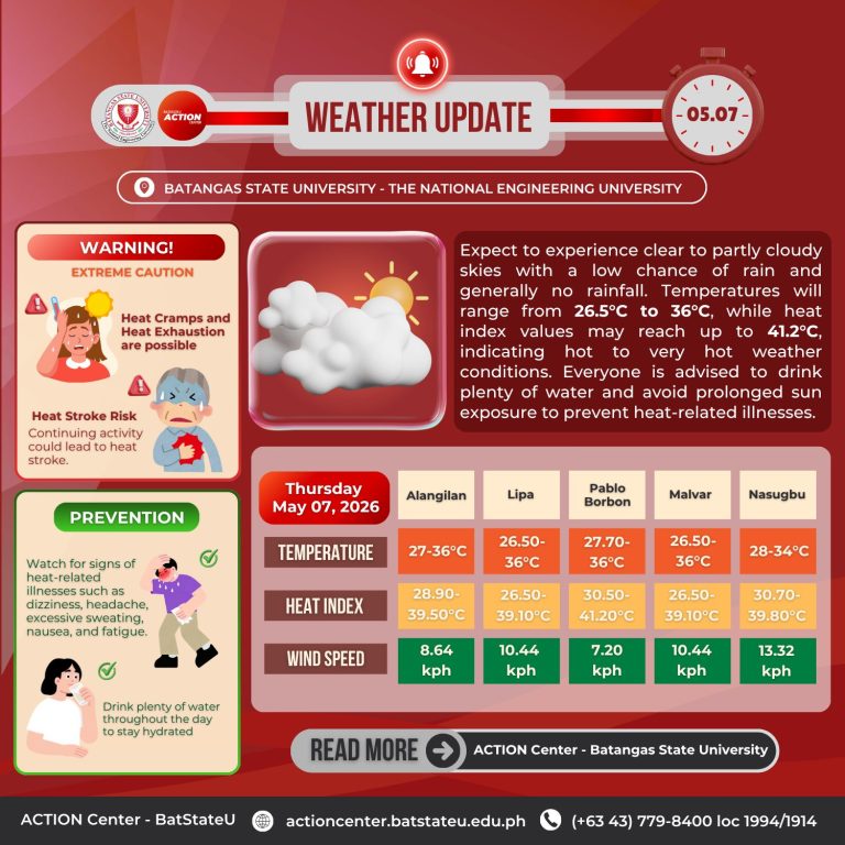 𝐖𝐞𝐚𝐭𝐡𝐞𝐫 𝐔𝐩𝐝𝐚𝐭𝐞 𝐟𝐨𝐫 𝐁𝐚𝐭𝐚𝐧𝐠𝐚𝐬 𝐒𝐭𝐚𝐭𝐞 𝐔𝐧𝐢𝐯𝐞𝐫𝐬𝐢𝐭𝐲 – 𝐓𝐍𝐄𝐔 (May 7, 2026)