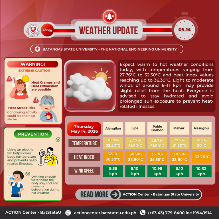 𝐖𝐞𝐚𝐭𝐡𝐞𝐫 𝐔𝐩𝐝𝐚𝐭𝐞 𝐟𝐨𝐫 𝐁𝐚𝐭𝐚𝐧𝐠𝐚𝐬 𝐒𝐭𝐚𝐭𝐞 𝐔𝐧𝐢𝐯𝐞𝐫𝐬𝐢𝐭𝐲 – 𝐓𝐍𝐄𝐔 (May 14, 2026)