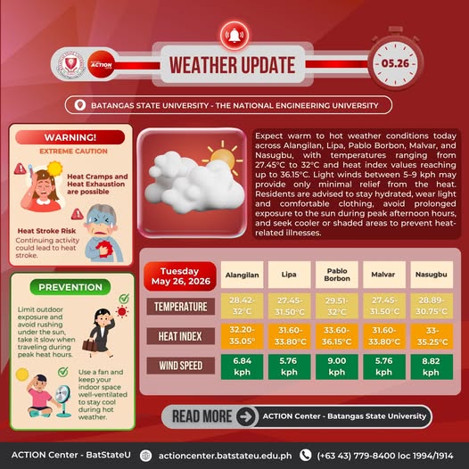 𝐖𝐞𝐚𝐭𝐡𝐞𝐫 𝐔𝐩𝐝𝐚𝐭𝐞 𝐟𝐨𝐫 𝐁𝐚𝐭𝐚𝐧𝐠𝐚𝐬 𝐒𝐭𝐚𝐭𝐞 𝐔𝐧𝐢𝐯𝐞𝐫𝐬𝐢𝐭𝐲 – 𝐓𝐍𝐄𝐔 (May 26, 2026)